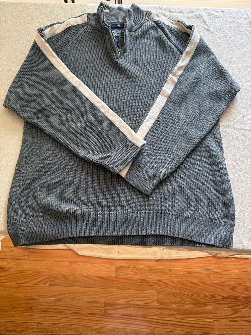 American Rag Men's Gray Zip-Neck Sweater with Cream Sleeve Stripes